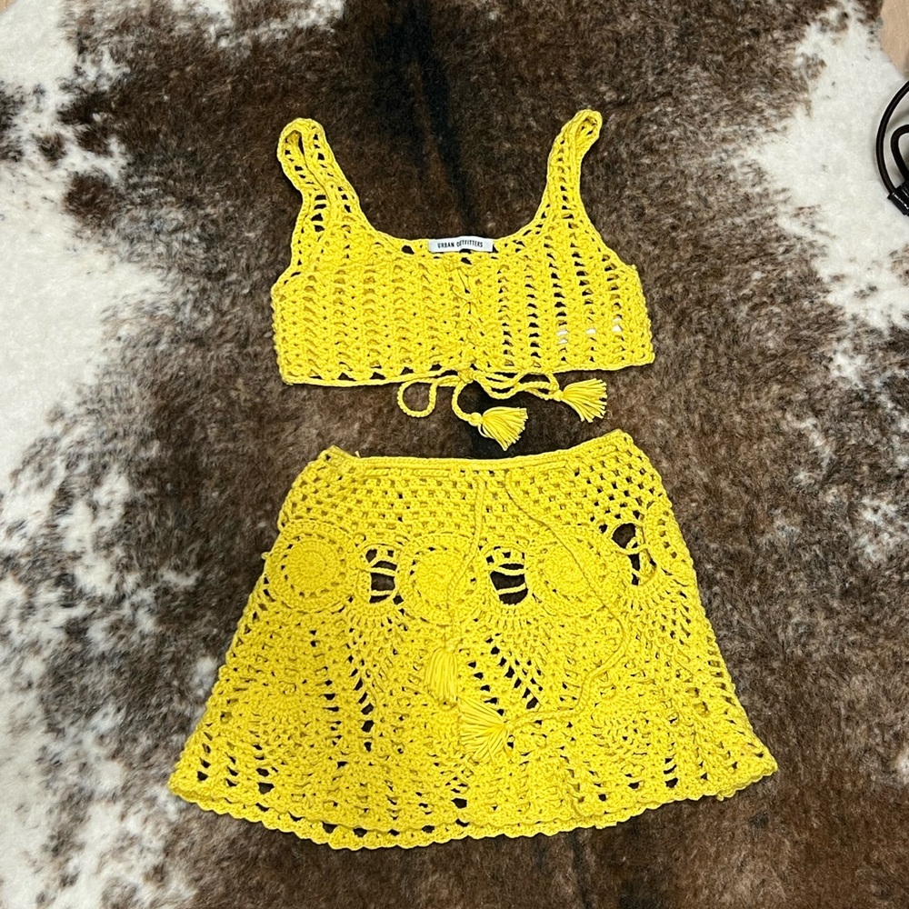 Urban Outfitters Yellow Crochet Skirt Set